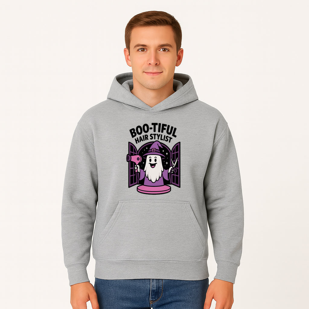 Boo-tiful Hair Stylist Halloween Decor - Cute Ghost with Hair Dryer & Scissors, Whimsical Witch Art for Salon or Home - Hoodie 1757925821967.jpg