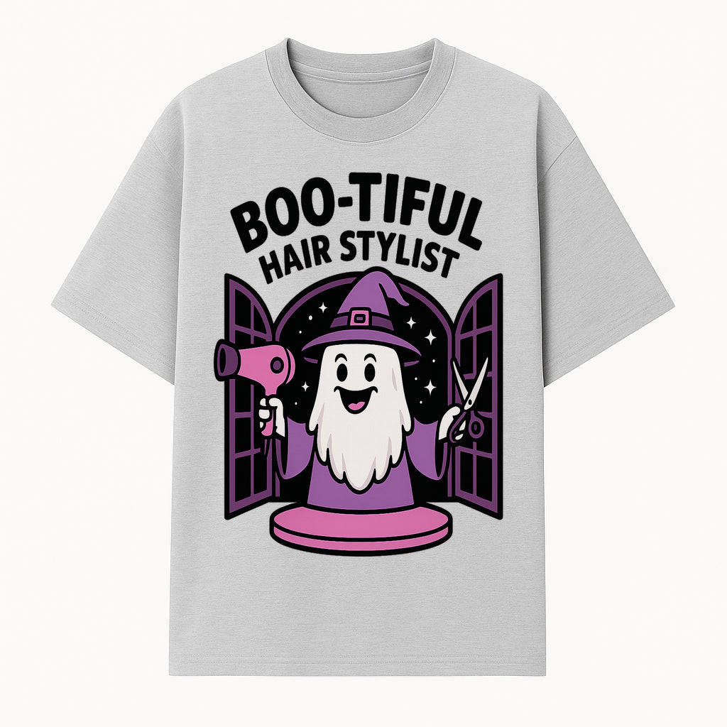 Boo-tiful Hair Stylist Halloween Decor - Cute Ghost with Hair Dryer & Scissors, Whimsical Witch Art for Salon or Home - T-shirt 1757925822285.jpg