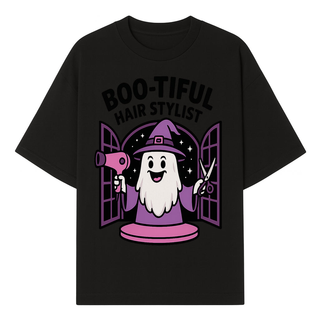 Boo-tiful Hair Stylist Halloween Decor - Cute Ghost with Hair Dryer & Scissors, Whimsical Witch Art for Salon or Home - T-shirt 1757925822415.jpg