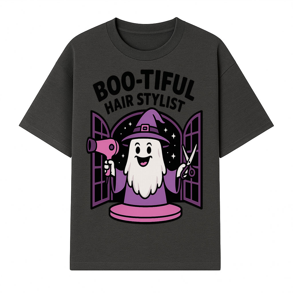 Boo-tiful Hair Stylist Halloween Decor - Cute Ghost with Hair Dryer & Scissors, Whimsical Witch Art for Salon or Home - T-shirt 1757925822545.jpg