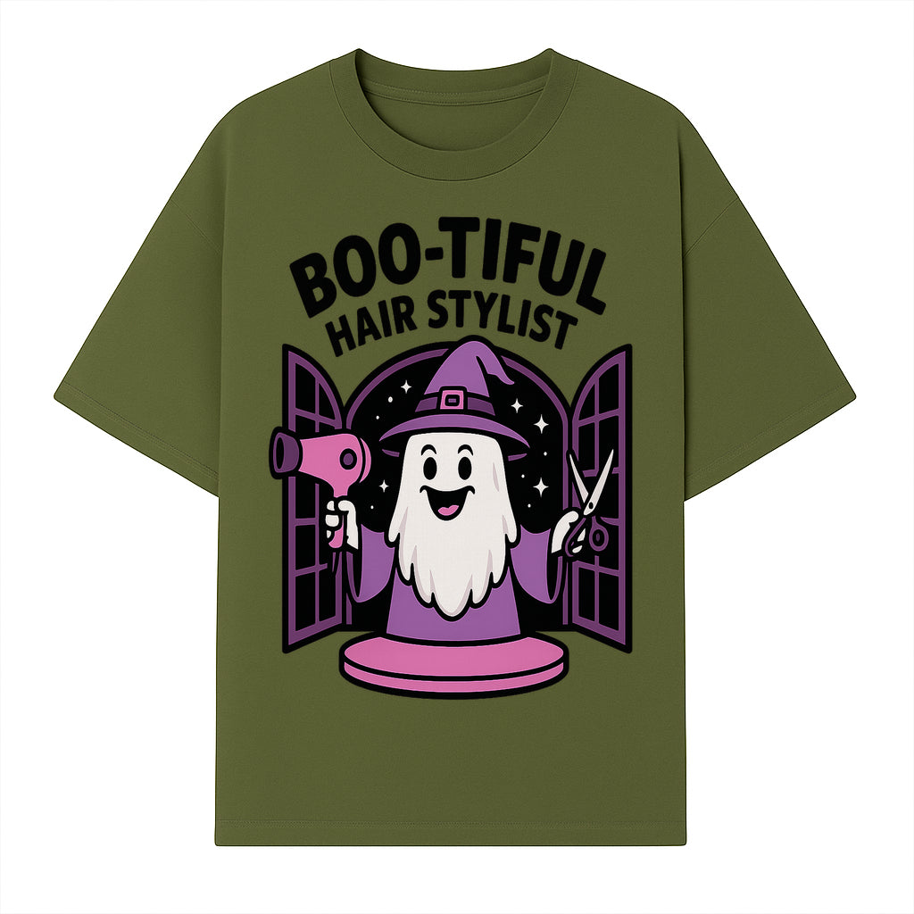Boo-tiful Hair Stylist Halloween Decor - Cute Ghost with Hair Dryer & Scissors, Whimsical Witch Art for Salon or Home - T-shirt 1757925822693.jpg
