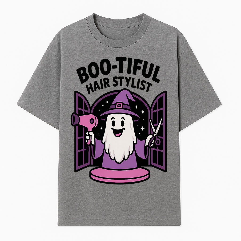 Boo-tiful Hair Stylist Halloween Decor - Cute Ghost with Hair Dryer & Scissors, Whimsical Witch Art for Salon or Home - T-shirt 1757925822830.jpg
