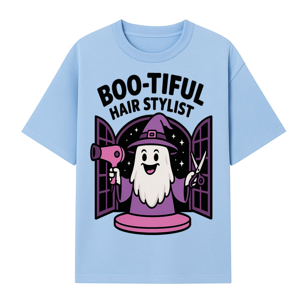 Boo-tiful Hair Stylist Halloween Decor - Cute Ghost with Hair Dryer & Scissors, Whimsical Witch Art for Salon or Home - T-shirt 1757925822959.jpg