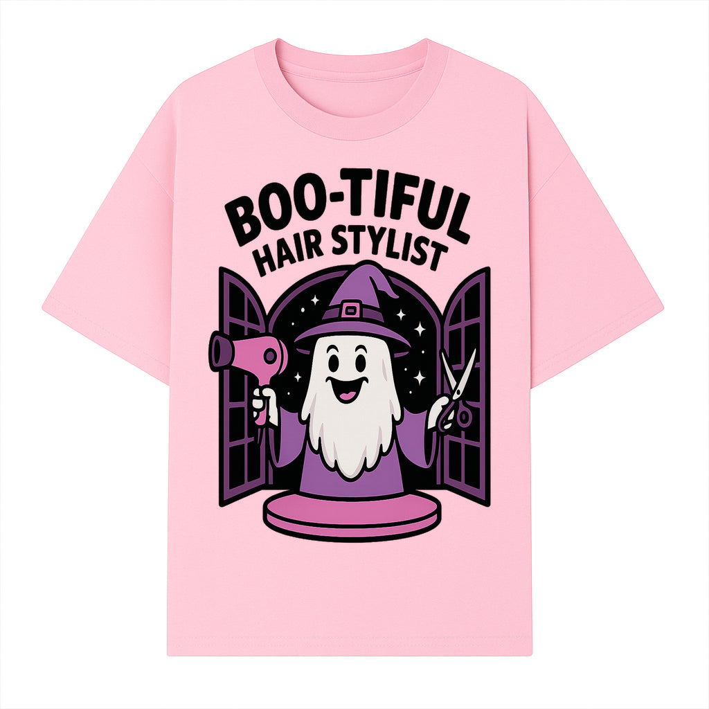 Boo-tiful Hair Stylist Halloween Decor - Cute Ghost with Hair Dryer & Scissors, Whimsical Witch Art for Salon or Home - T-shirt 1757925823086.jpg