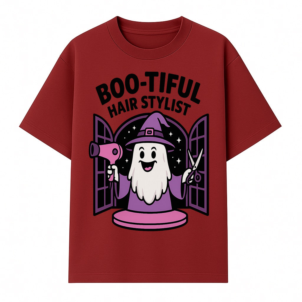 Boo-tiful Hair Stylist Halloween Decor - Cute Ghost with Hair Dryer & Scissors, Whimsical Witch Art for Salon or Home - T-shirt 1757925823213.jpg