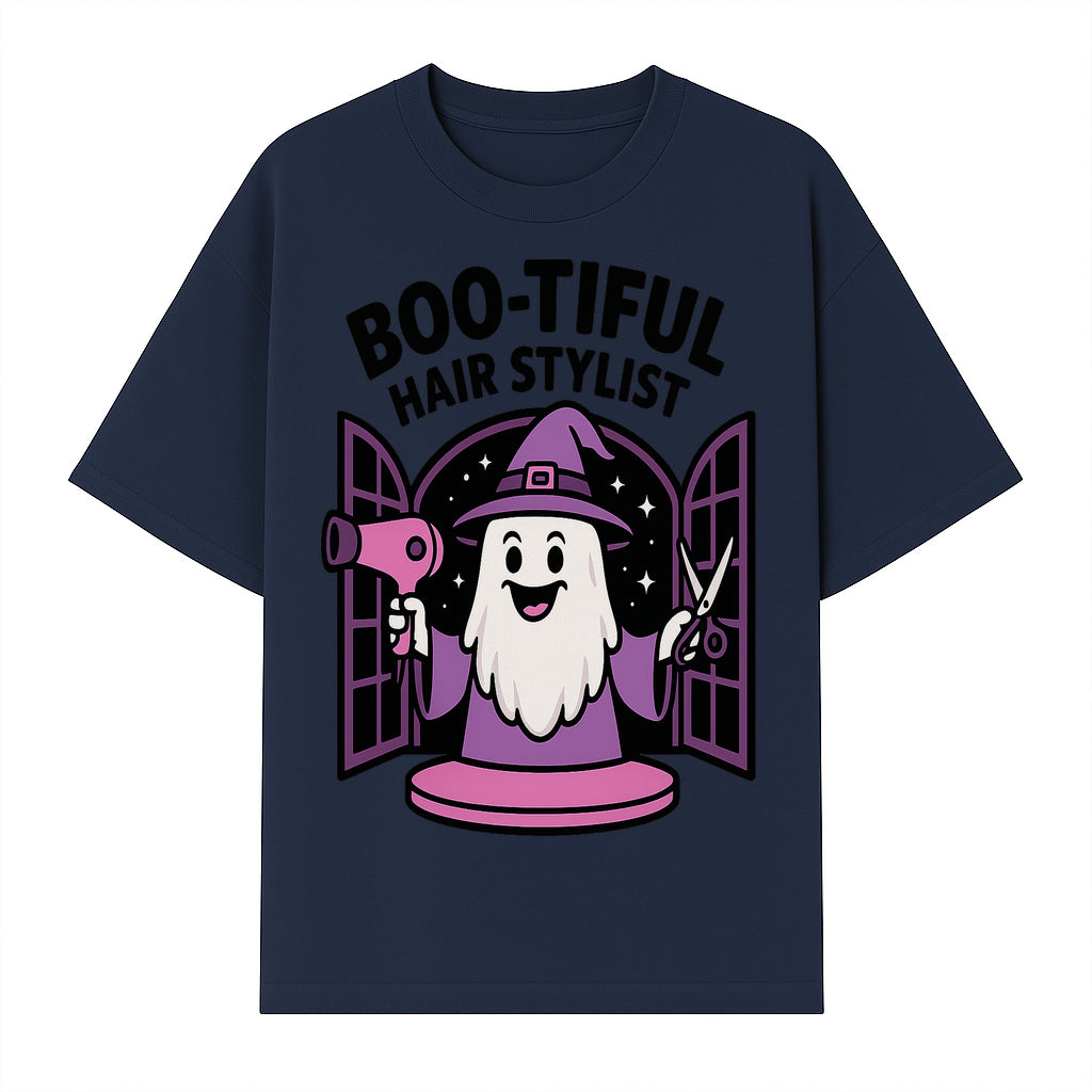 Boo-tiful Hair Stylist Halloween Decor - Cute Ghost with Hair Dryer & Scissors, Whimsical Witch Art for Salon or Home - T-shirt 1757925823363.jpg