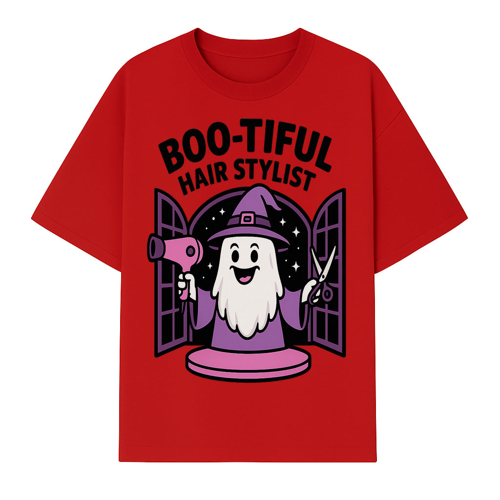 Boo-tiful Hair Stylist Halloween Decor - Cute Ghost with Hair Dryer & Scissors, Whimsical Witch Art for Salon or Home - T-shirt 1757925823509.jpg