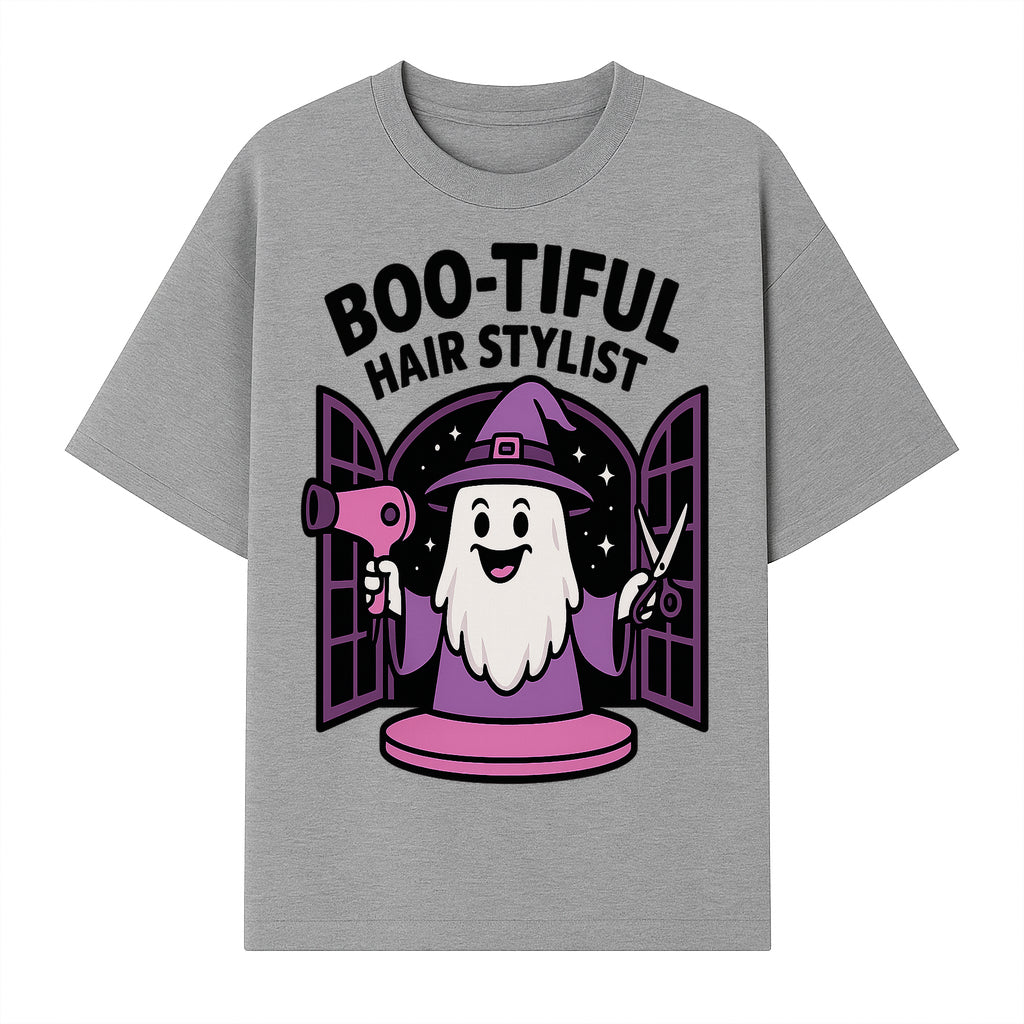 Boo-tiful Hair Stylist Halloween Decor - Cute Ghost with Hair Dryer & Scissors, Whimsical Witch Art for Salon or Home - T-shirt 1757925823654.jpg