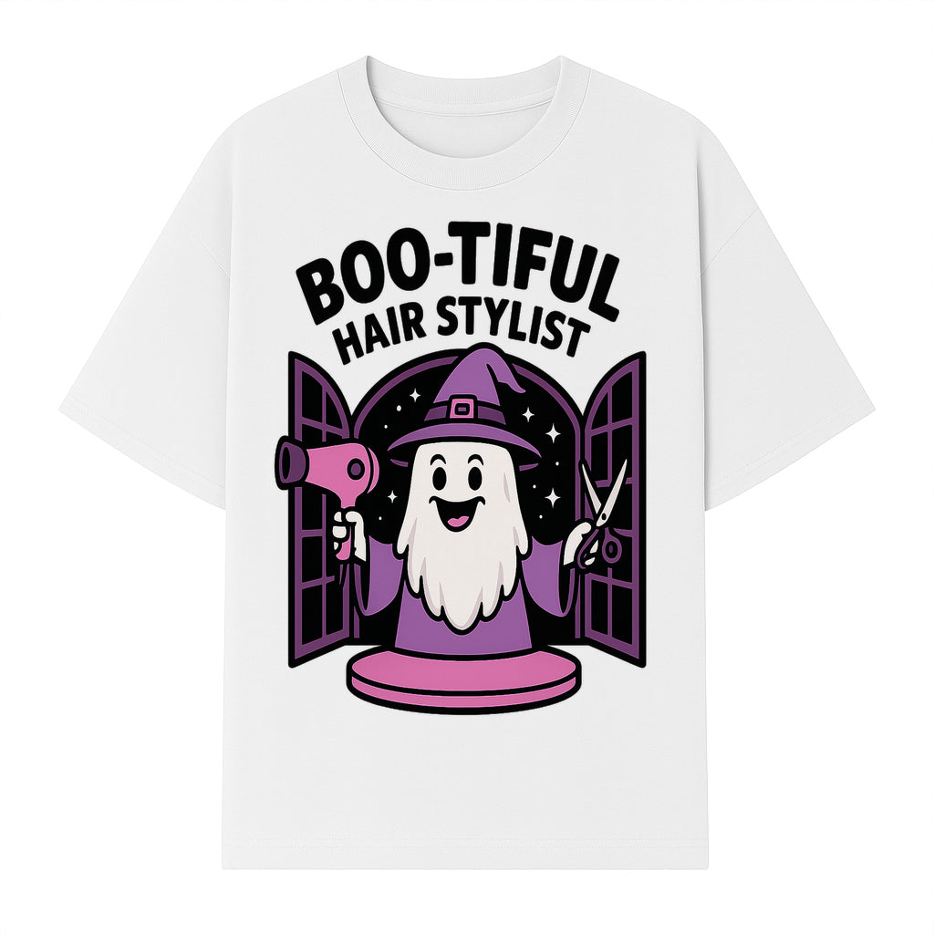 Boo-tiful Hair Stylist Halloween Decor - Cute Ghost with Hair Dryer & Scissors, Whimsical Witch Art for Salon or Home - T-shirt 1757925823794.jpg