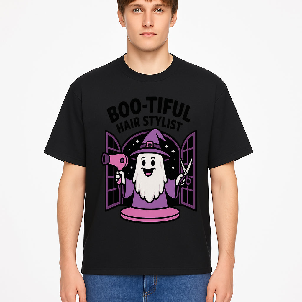 Boo-tiful Hair Stylist Halloween Decor - Cute Ghost with Hair Dryer & Scissors, Whimsical Witch Art for Salon or Home - T-shirt 1757925824905.jpg