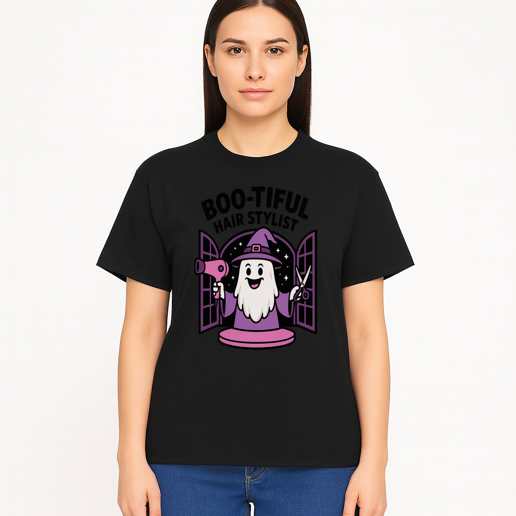 Boo-tiful Hair Stylist Halloween Decor - Cute Ghost with Hair Dryer & Scissors, Whimsical Witch Art for Salon or Home - T-shirt 1757925825038.jpg