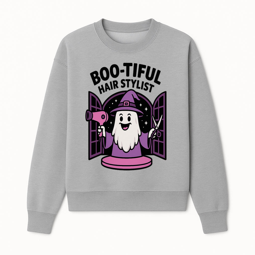 Boo-tiful Hair Stylist Halloween Decor - Cute Ghost with Hair Dryer & Scissors, Whimsical Witch Art for Salon or Home - Sweatshirt 1757925825158.jpg