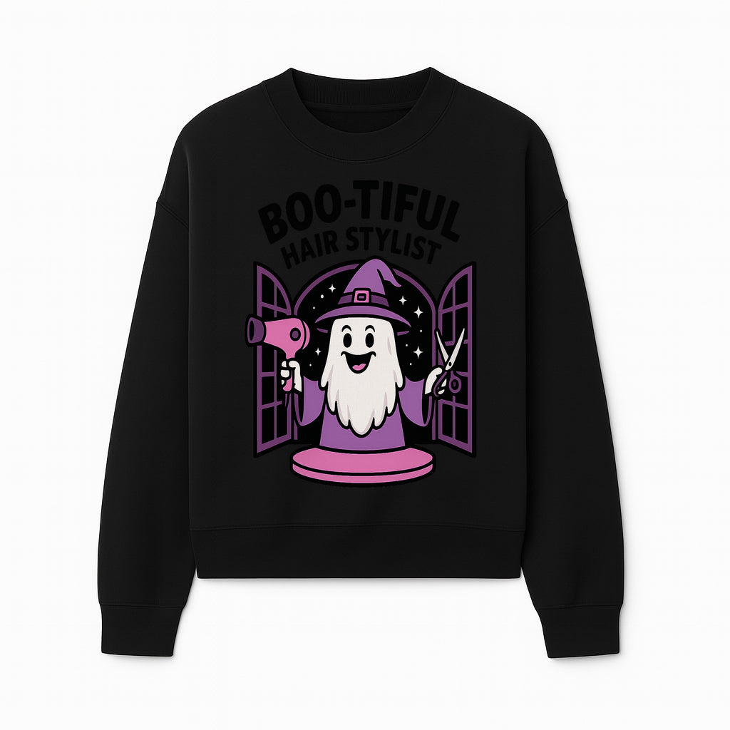 Boo-tiful Hair Stylist Halloween Decor - Cute Ghost with Hair Dryer & Scissors, Whimsical Witch Art for Salon or Home - Sweatshirt 1757925825298.jpg
