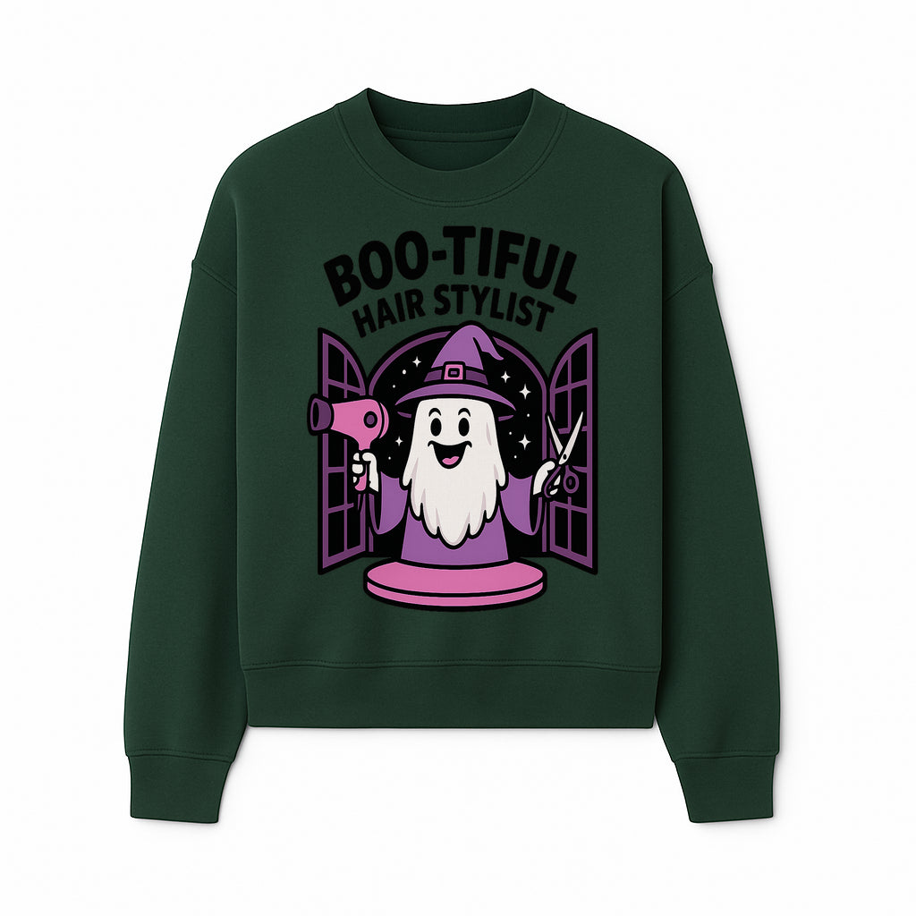 Boo-tiful Hair Stylist Halloween Decor - Cute Ghost with Hair Dryer & Scissors, Whimsical Witch Art for Salon or Home - Sweatshirt 1757925825561.jpg