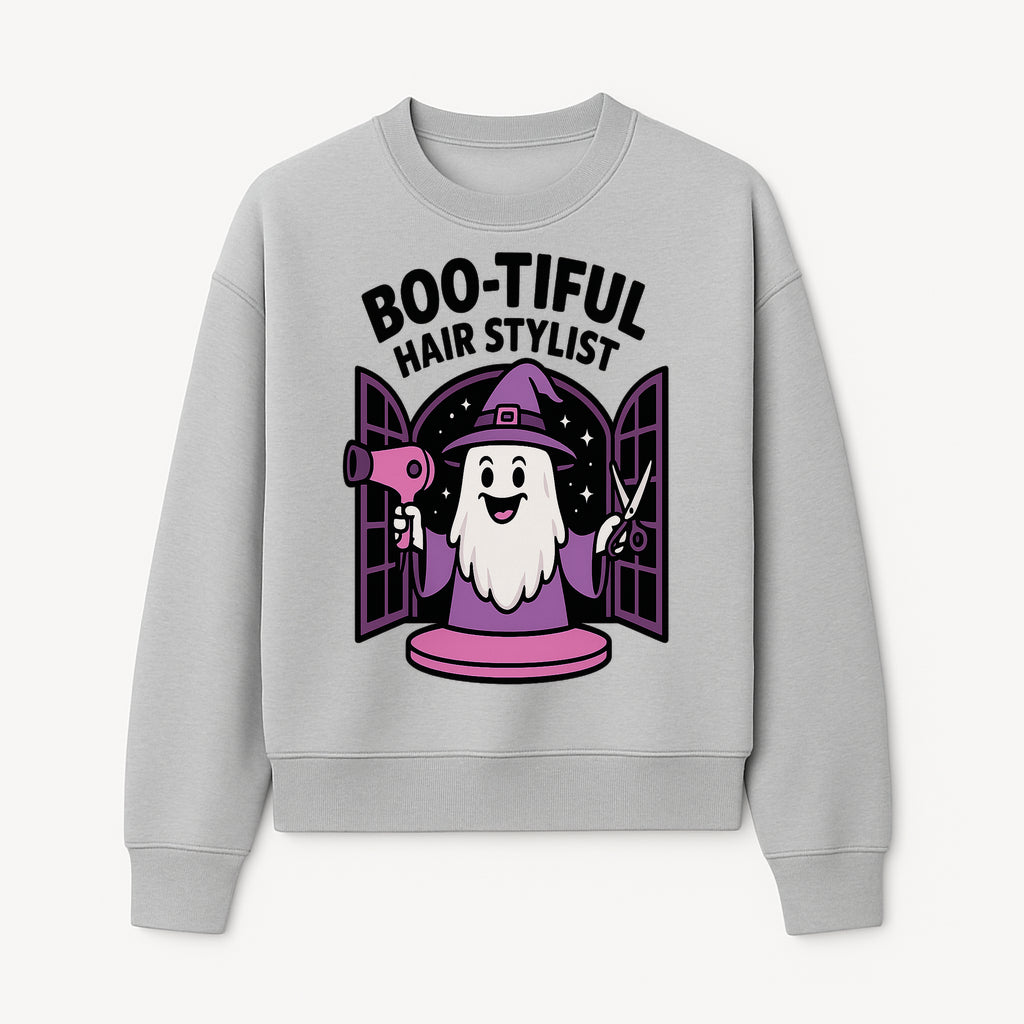 Boo-tiful Hair Stylist Halloween Decor - Cute Ghost with Hair Dryer & Scissors, Whimsical Witch Art for Salon or Home - Sweatshirt 1757925825689.jpg