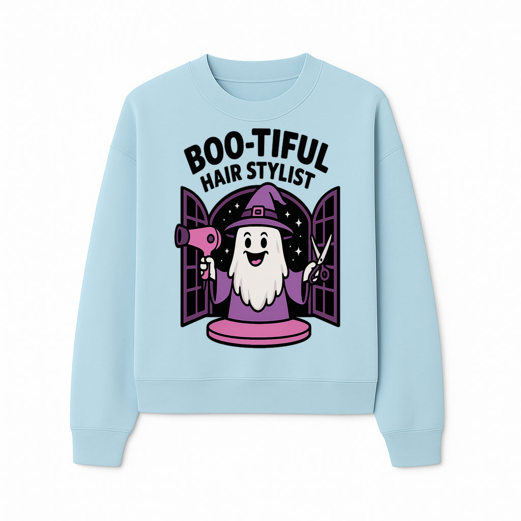 Boo-tiful Hair Stylist Halloween Decor - Cute Ghost with Hair Dryer & Scissors, Whimsical Witch Art for Salon or Home - Sweatshirt 1757925825842.jpg