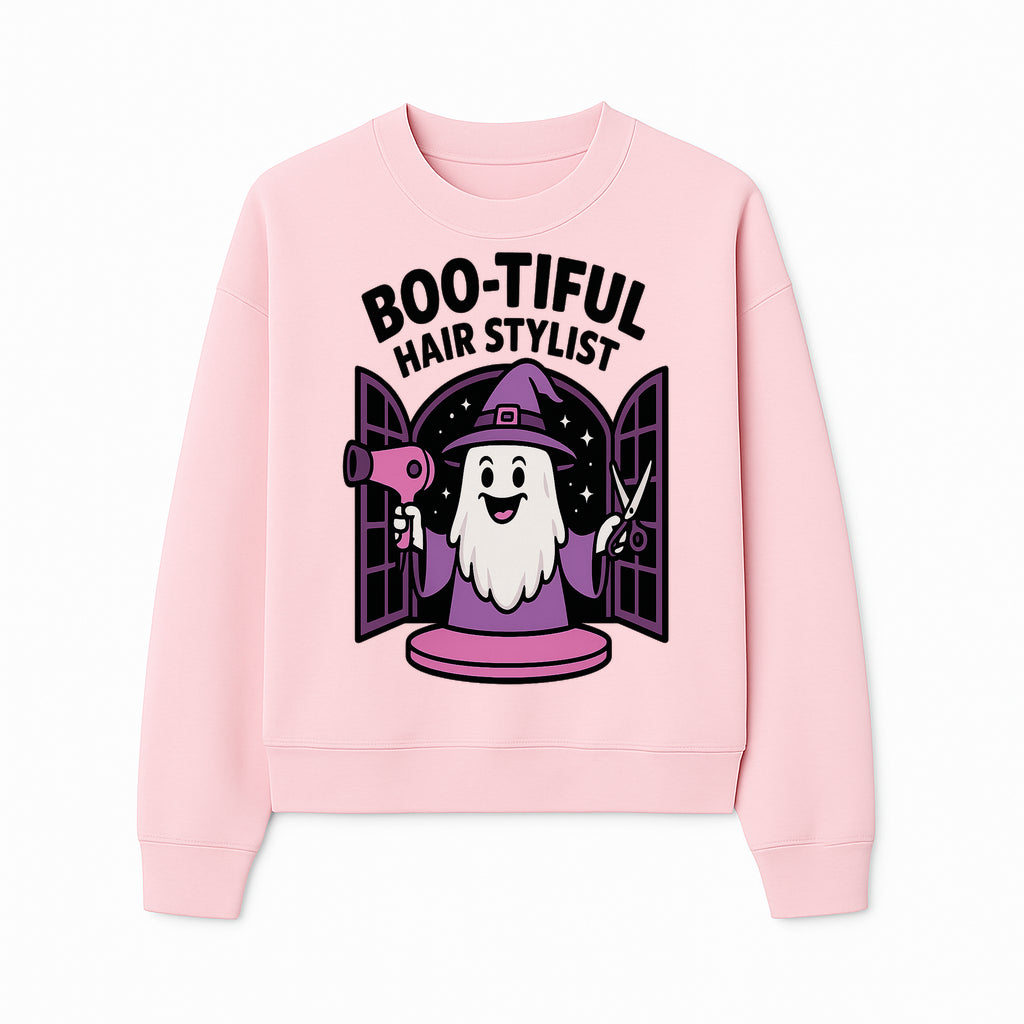 Boo-tiful Hair Stylist Halloween Decor - Cute Ghost with Hair Dryer & Scissors, Whimsical Witch Art for Salon or Home - Sweatshirt 1757925825999.jpg
