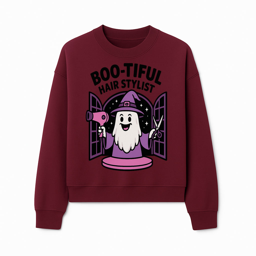Boo-tiful Hair Stylist Halloween Decor - Cute Ghost with Hair Dryer & Scissors, Whimsical Witch Art for Salon or Home - Sweatshirt 1757925826141.jpg
