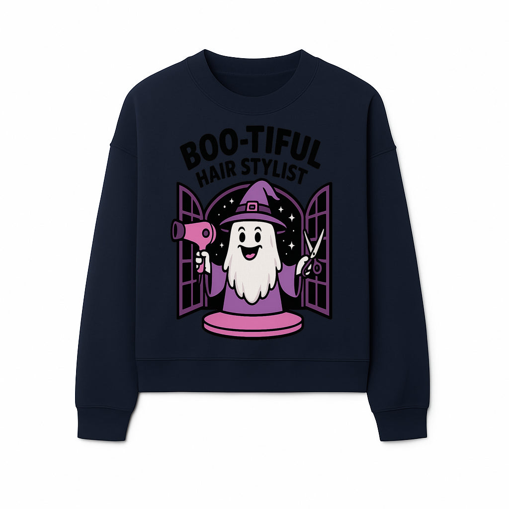 Boo-tiful Hair Stylist Halloween Decor - Cute Ghost with Hair Dryer & Scissors, Whimsical Witch Art for Salon or Home - Sweatshirt 1757925826302.jpg