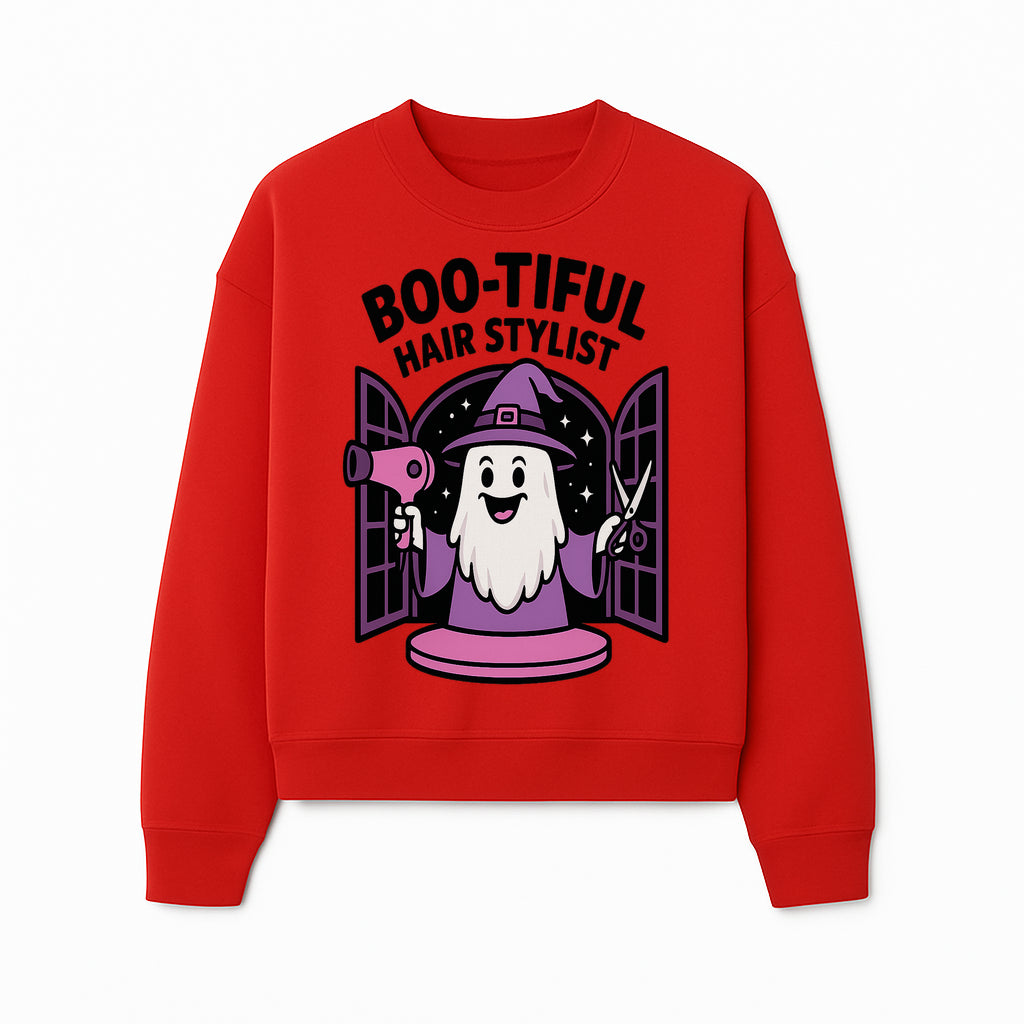 Boo-tiful Hair Stylist Halloween Decor - Cute Ghost with Hair Dryer & Scissors, Whimsical Witch Art for Salon or Home - Sweatshirt 1757925826431.jpg