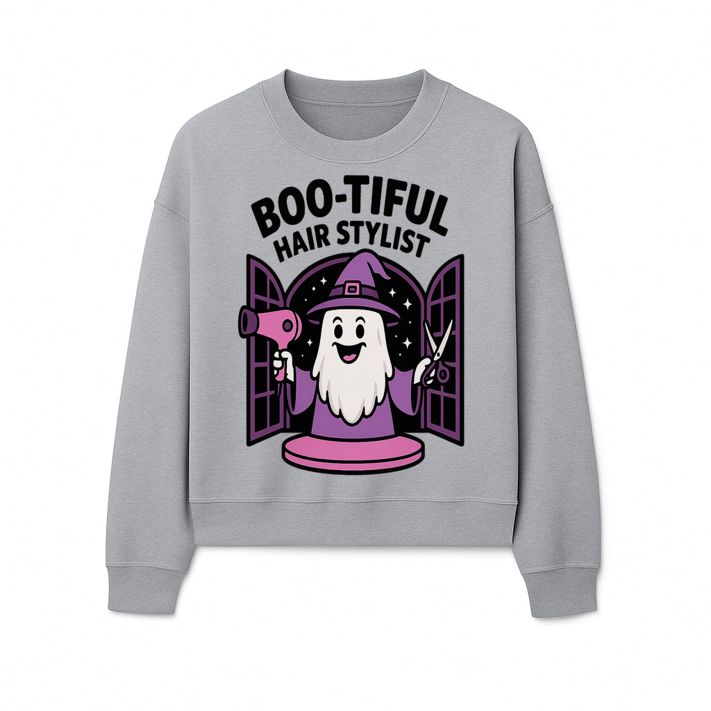 Boo-tiful Hair Stylist Halloween Decor - Cute Ghost with Hair Dryer & Scissors, Whimsical Witch Art for Salon or Home - Sweatshirt 1757925826581.jpg