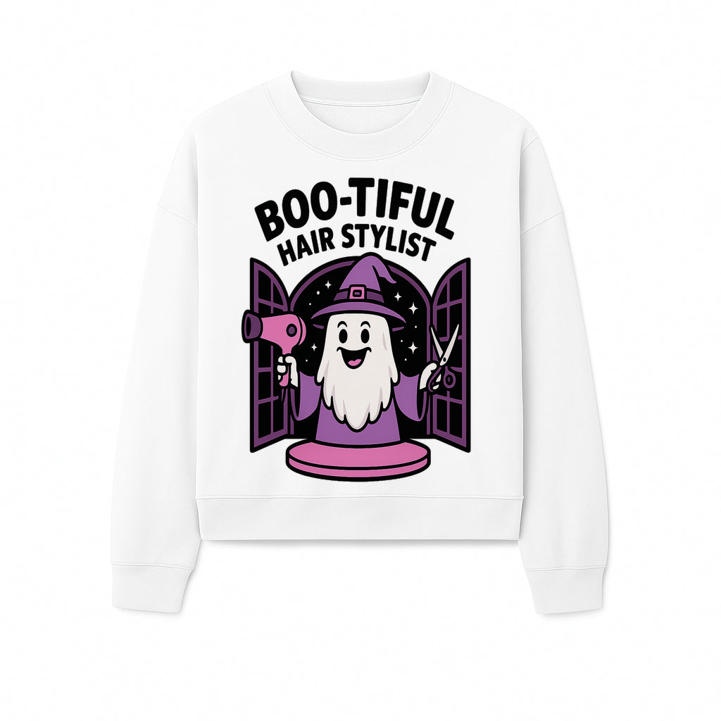 Boo-tiful Hair Stylist Halloween Decor - Cute Ghost with Hair Dryer & Scissors, Whimsical Witch Art for Salon or Home - Sweatshirt 1757925826710.jpg