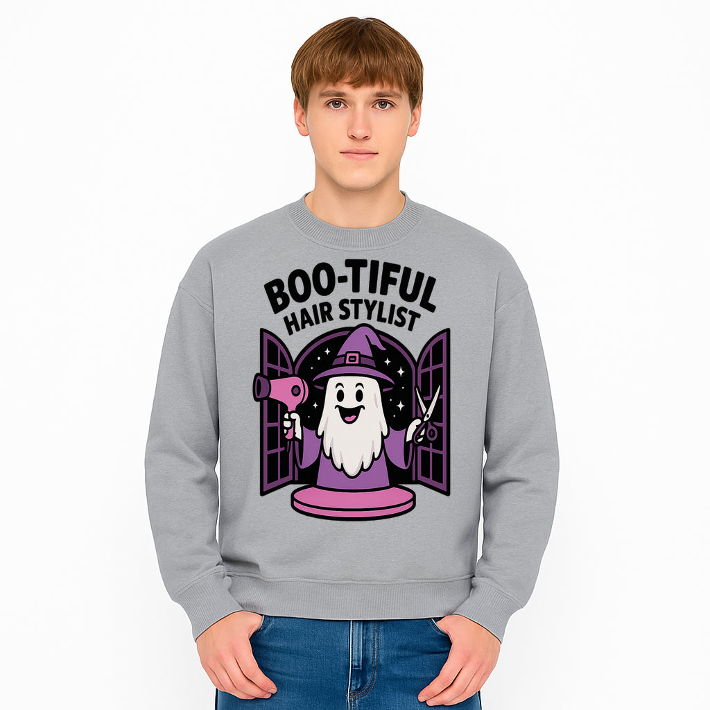 Boo-tiful Hair Stylist Halloween Decor - Cute Ghost with Hair Dryer & Scissors, Whimsical Witch Art for Salon or Home - Sweatshirt 1757925827884.jpg