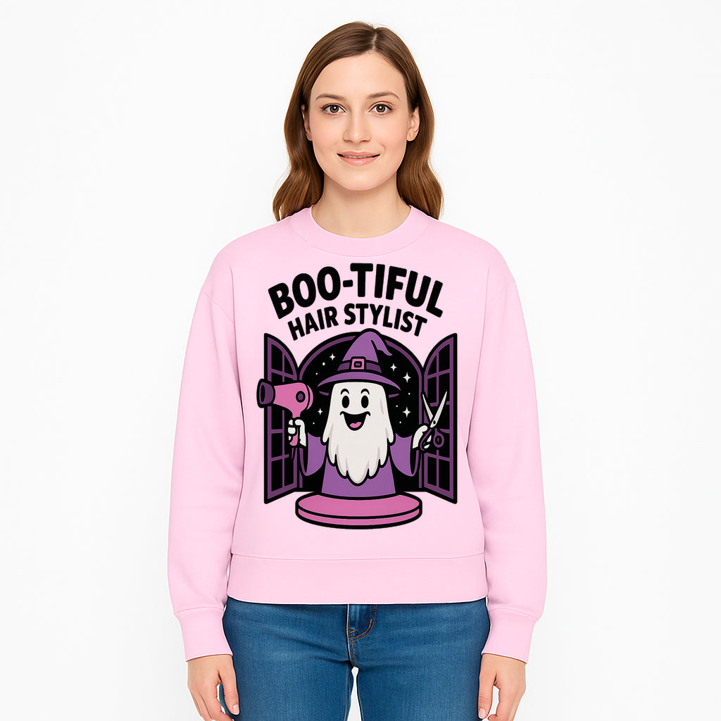 Boo-tiful Hair Stylist Halloween Decor - Cute Ghost with Hair Dryer & Scissors, Whimsical Witch Art for Salon or Home - Sweatshirt 1757925828024.jpg