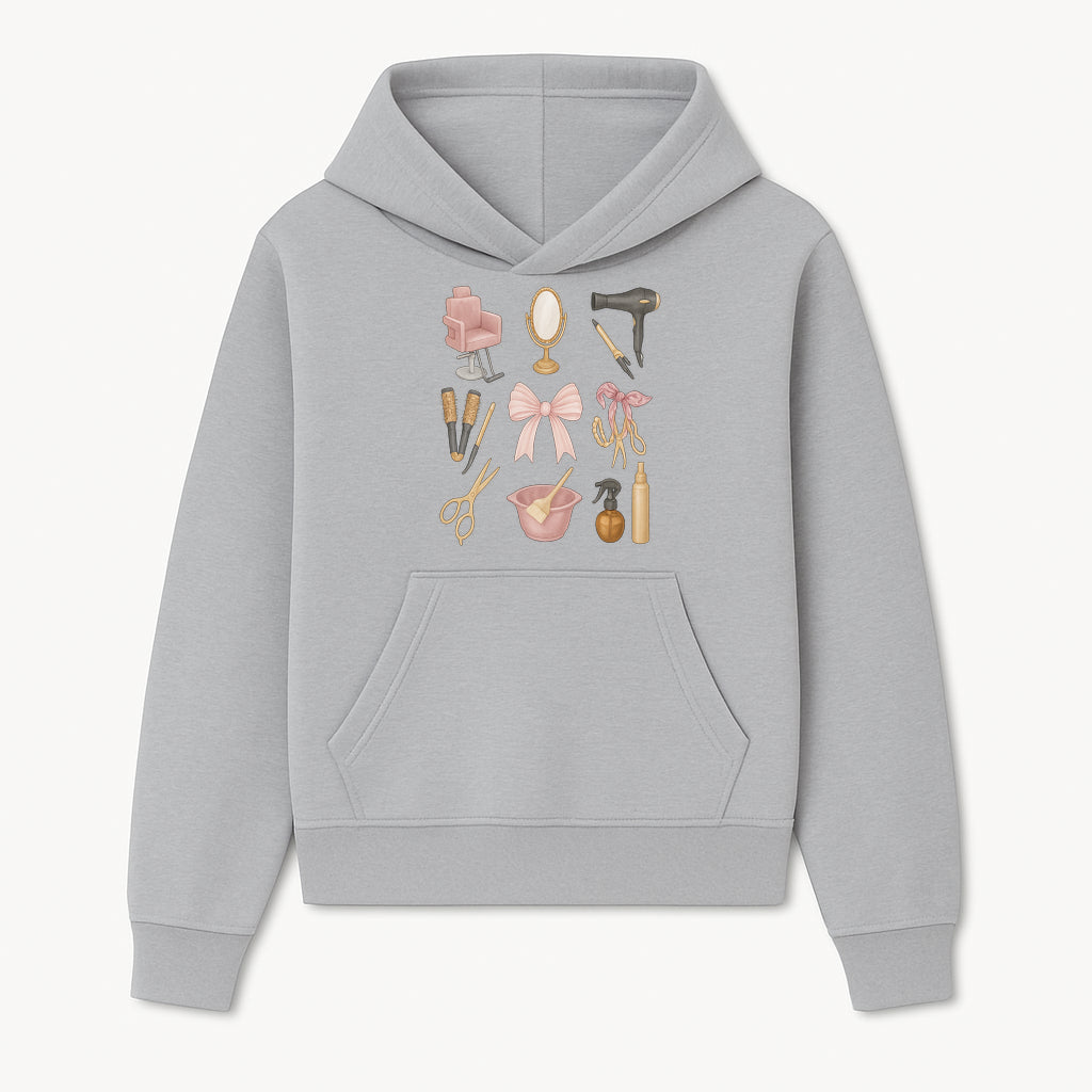 Beauty Salon Essentials Art Print | Hair Styling Tools, Chair, Mirror, Scissors, Bow | Feminine Decor for Styling Room - Hoodie 1757925835975.jpg