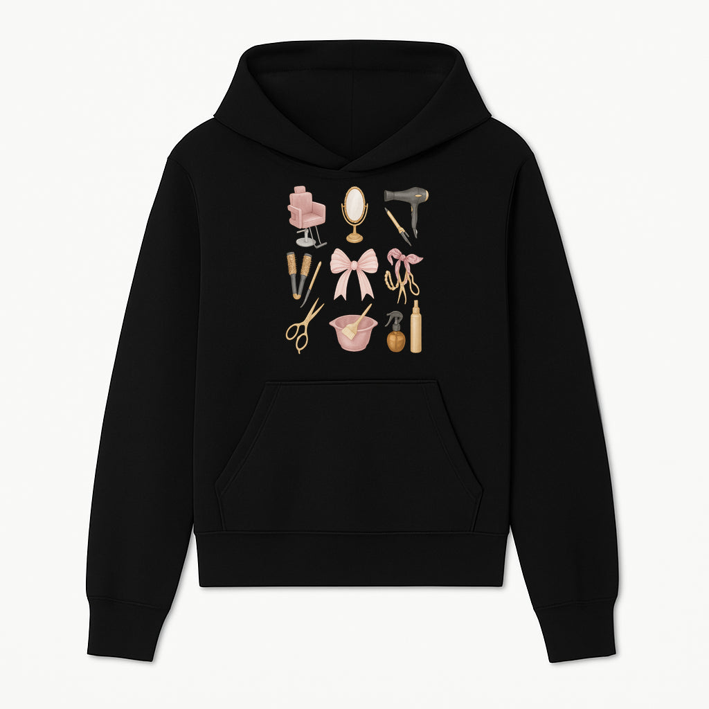 Beauty Salon Essentials Art Print | Hair Styling Tools, Chair, Mirror, Scissors, Bow | Feminine Decor for Styling Room - Hoodie 1757925836139.jpg