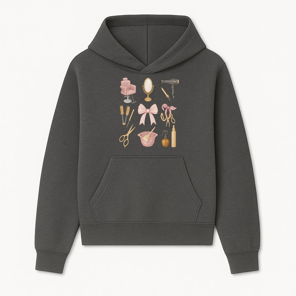 Beauty Salon Essentials Art Print | Hair Styling Tools, Chair, Mirror, Scissors, Bow | Feminine Decor for Styling Room - Hoodie 1757925836283.jpg