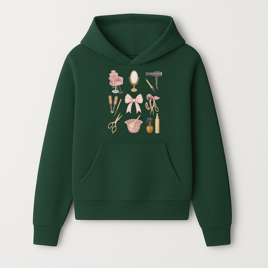 Beauty Salon Essentials Art Print | Hair Styling Tools, Chair, Mirror, Scissors, Bow | Feminine Decor for Styling Room - Hoodie 1757925836430.jpg