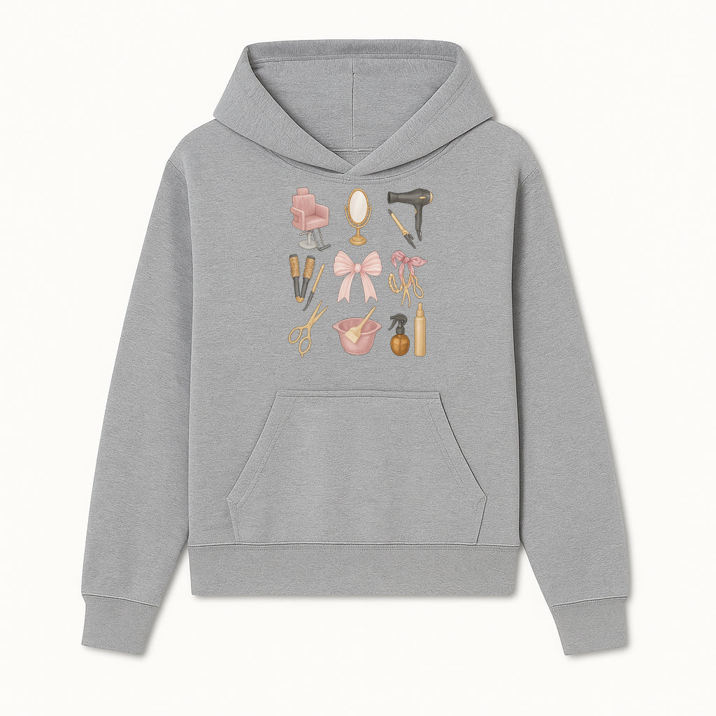 Beauty Salon Essentials Art Print | Hair Styling Tools, Chair, Mirror, Scissors, Bow | Feminine Decor for Styling Room - Hoodie 1757925836576.jpg