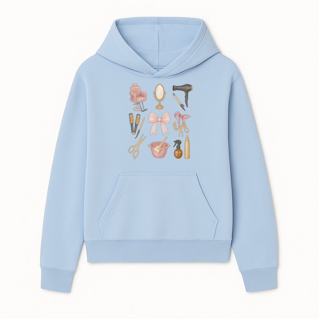 Beauty Salon Essentials Art Print | Hair Styling Tools, Chair, Mirror, Scissors, Bow | Feminine Decor for Styling Room - Hoodie 1757925836732.jpg