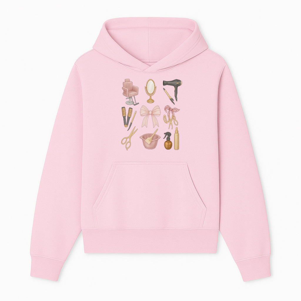 Beauty Salon Essentials Art Print | Hair Styling Tools, Chair, Mirror, Scissors, Bow | Feminine Decor for Styling Room - Hoodie 1757925836880.jpg