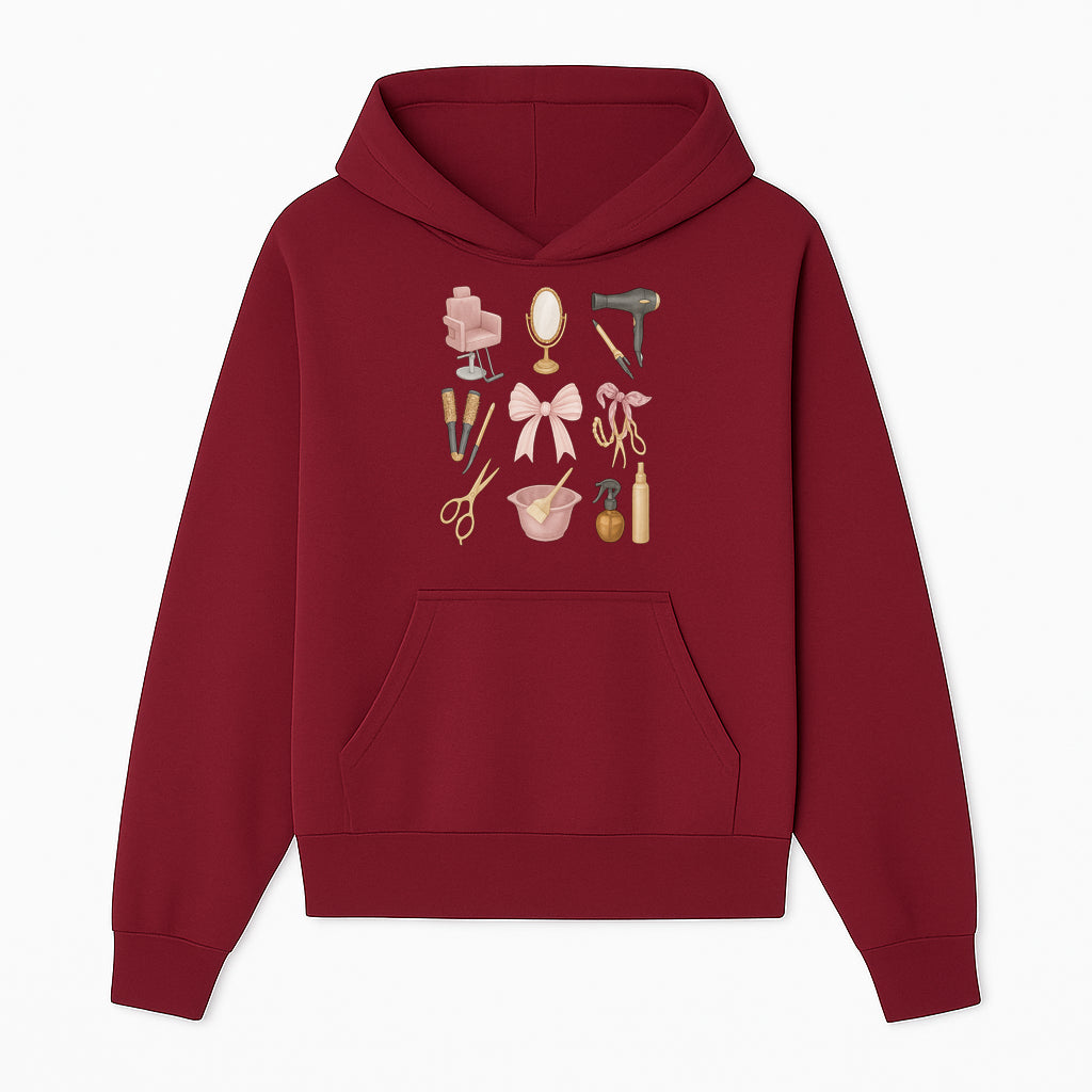 Beauty Salon Essentials Art Print | Hair Styling Tools, Chair, Mirror, Scissors, Bow | Feminine Decor for Styling Room - Hoodie 1757925837048.jpg
