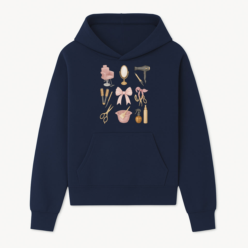 Beauty Salon Essentials Art Print | Hair Styling Tools, Chair, Mirror, Scissors, Bow | Feminine Decor for Styling Room - Hoodie 1757925837170.jpg