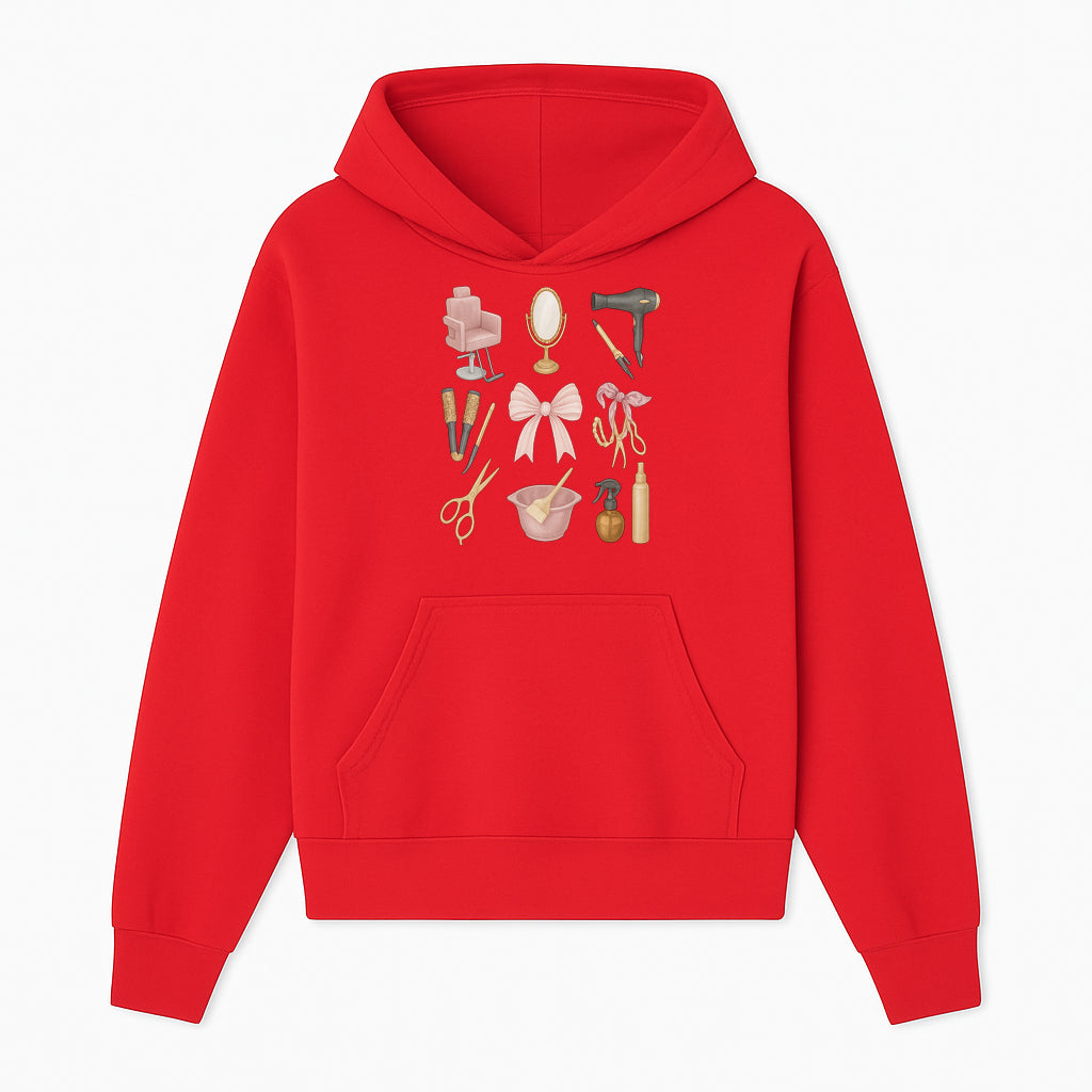 Beauty Salon Essentials Art Print | Hair Styling Tools, Chair, Mirror, Scissors, Bow | Feminine Decor for Styling Room - Hoodie 1757925837323.jpg