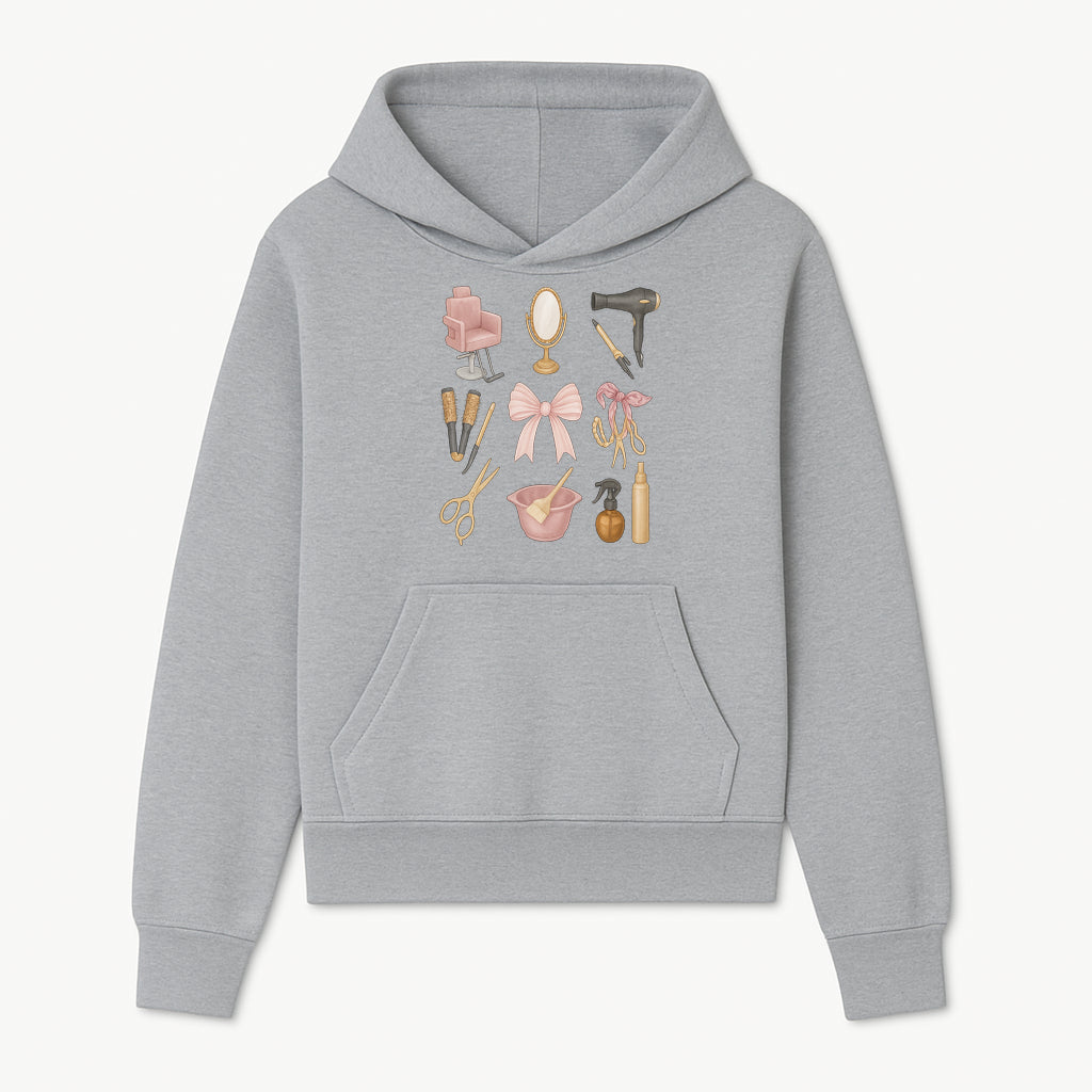 Beauty Salon Essentials Art Print | Hair Styling Tools, Chair, Mirror, Scissors, Bow | Feminine Decor for Styling Room - Hoodie 1757925837474.jpg