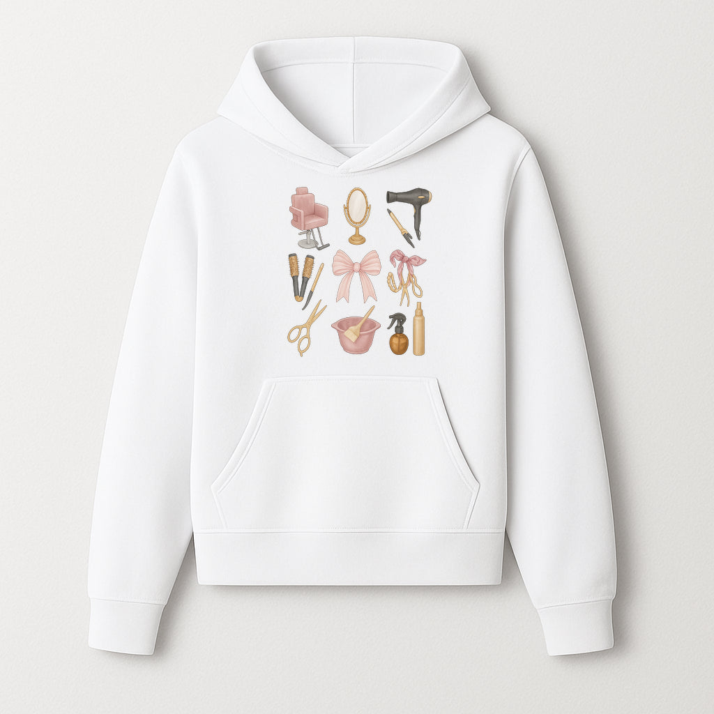 Beauty Salon Essentials Art Print | Hair Styling Tools, Chair, Mirror, Scissors, Bow | Feminine Decor for Styling Room - Hoodie 1757925837590.jpg
