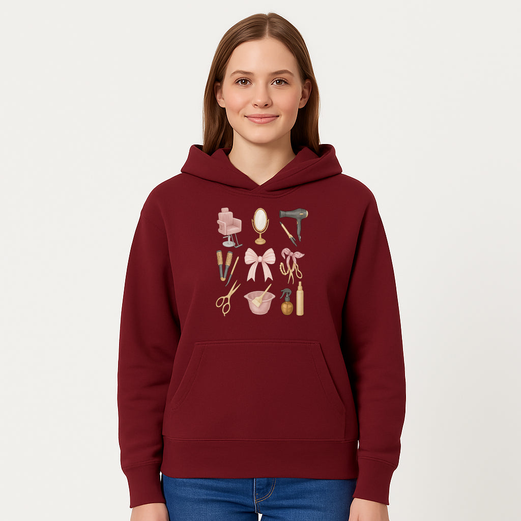 Beauty Salon Essentials Art Print | Hair Styling Tools, Chair, Mirror, Scissors, Bow | Feminine Decor for Styling Room - Hoodie 1757925838886.jpg