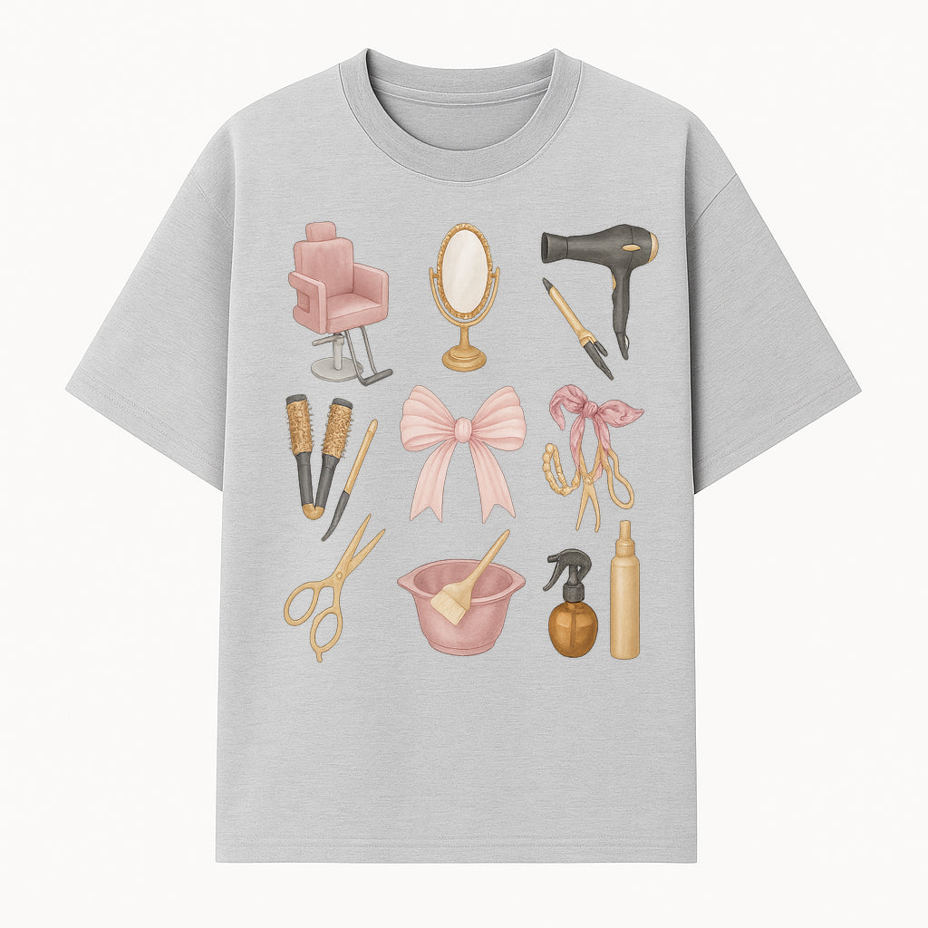 Beauty Salon Essentials Art Print | Hair Styling Tools, Chair, Mirror, Scissors, Bow | Feminine Decor for Styling Room - T-shirt 1757925838998.jpg
