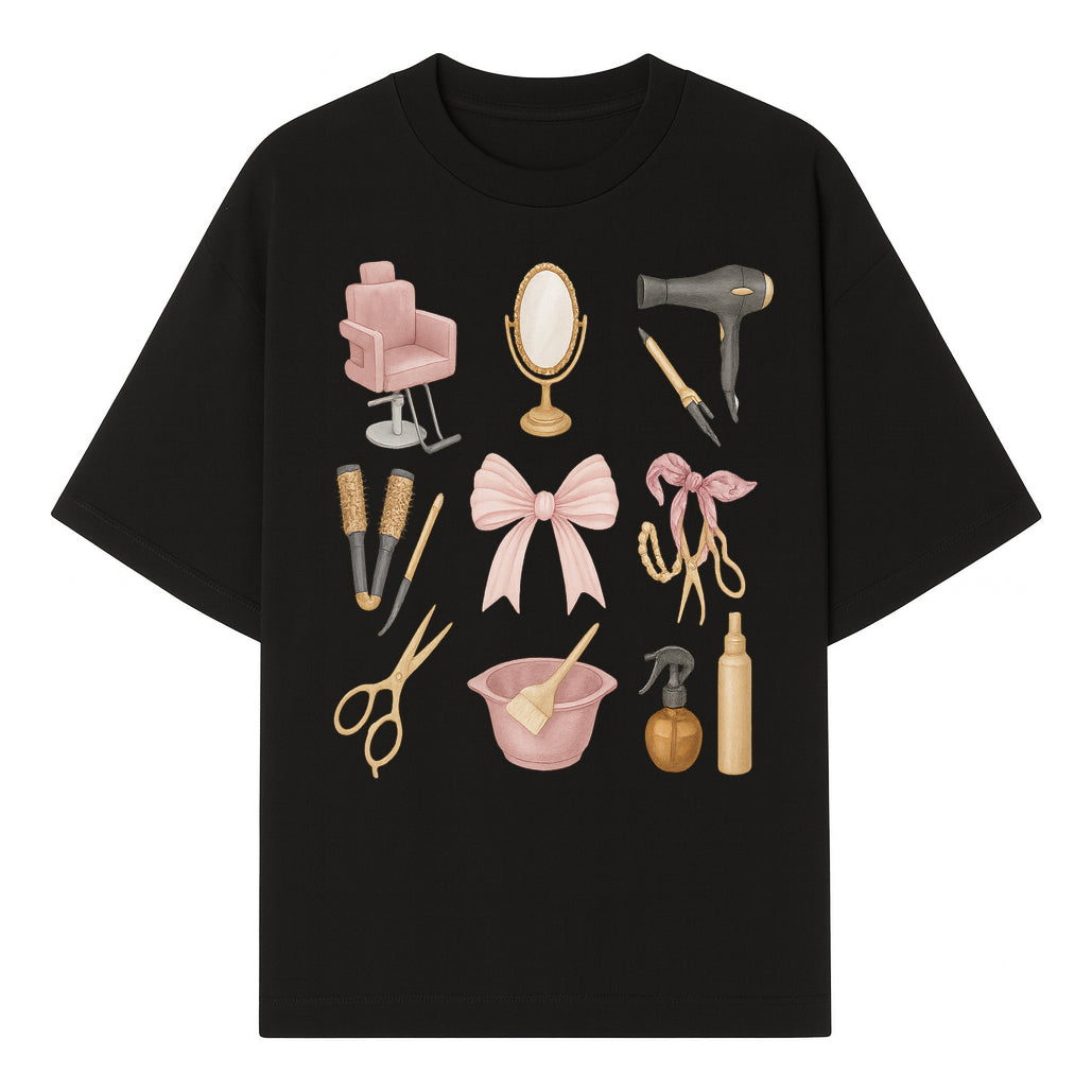 Beauty Salon Essentials Art Print | Hair Styling Tools, Chair, Mirror, Scissors, Bow | Feminine Decor for Styling Room - T-shirt 1757925839134.jpg