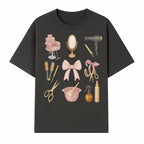 Beauty Salon Essentials Art Print | Hair Styling Tools, Chair, Mirror, Scissors, Bow | Feminine Decor for Styling Room - T-shirt 1757925839259.jpg