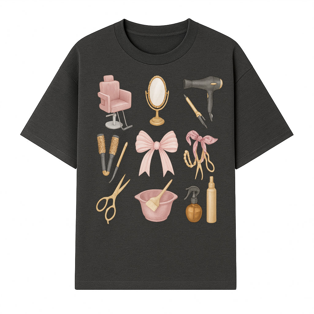 Beauty Salon Essentials Art Print | Hair Styling Tools, Chair, Mirror, Scissors, Bow | Feminine Decor for Styling Room - T-shirt 1757925839259.jpg