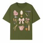 Beauty Salon Essentials Art Print | Hair Styling Tools, Chair, Mirror, Scissors, Bow | Feminine Decor for Styling Room - T-shirt 1757925839408.jpg