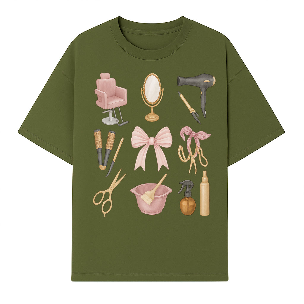 Beauty Salon Essentials Art Print | Hair Styling Tools, Chair, Mirror, Scissors, Bow | Feminine Decor for Styling Room - T-shirt 1757925839408.jpg