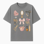Beauty Salon Essentials Art Print | Hair Styling Tools, Chair, Mirror, Scissors, Bow | Feminine Decor for Styling Room - T-shirt 1757925839541.jpg