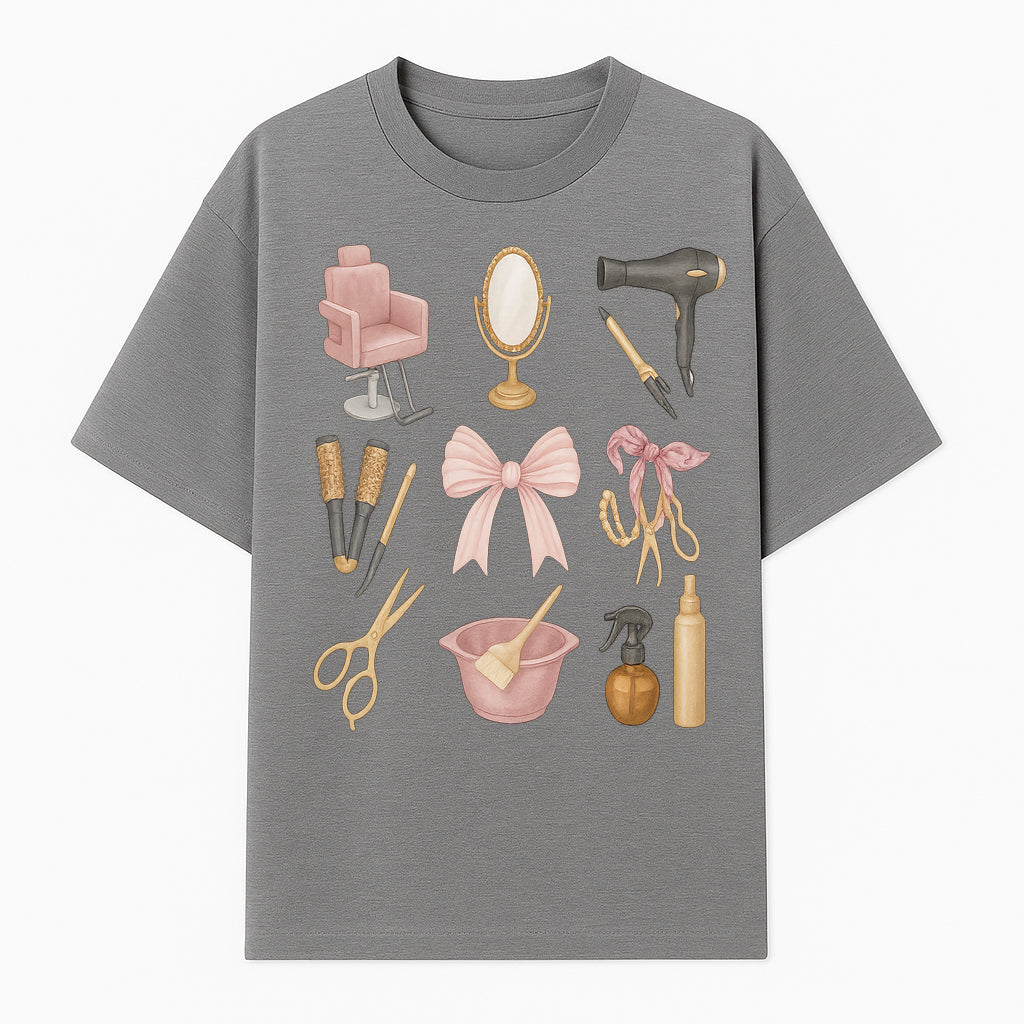 Beauty Salon Essentials Art Print | Hair Styling Tools, Chair, Mirror, Scissors, Bow | Feminine Decor for Styling Room - T-shirt 1757925839541.jpg