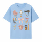 Beauty Salon Essentials Art Print | Hair Styling Tools, Chair, Mirror, Scissors, Bow | Feminine Decor for Styling Room - T-shirt 1757925839655.jpg